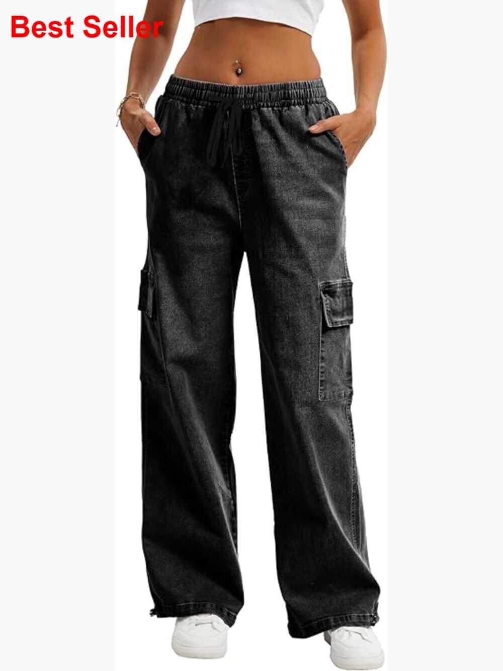 High Waisted Cargo Pants Stretchy Wide Leg Pull On Jeans